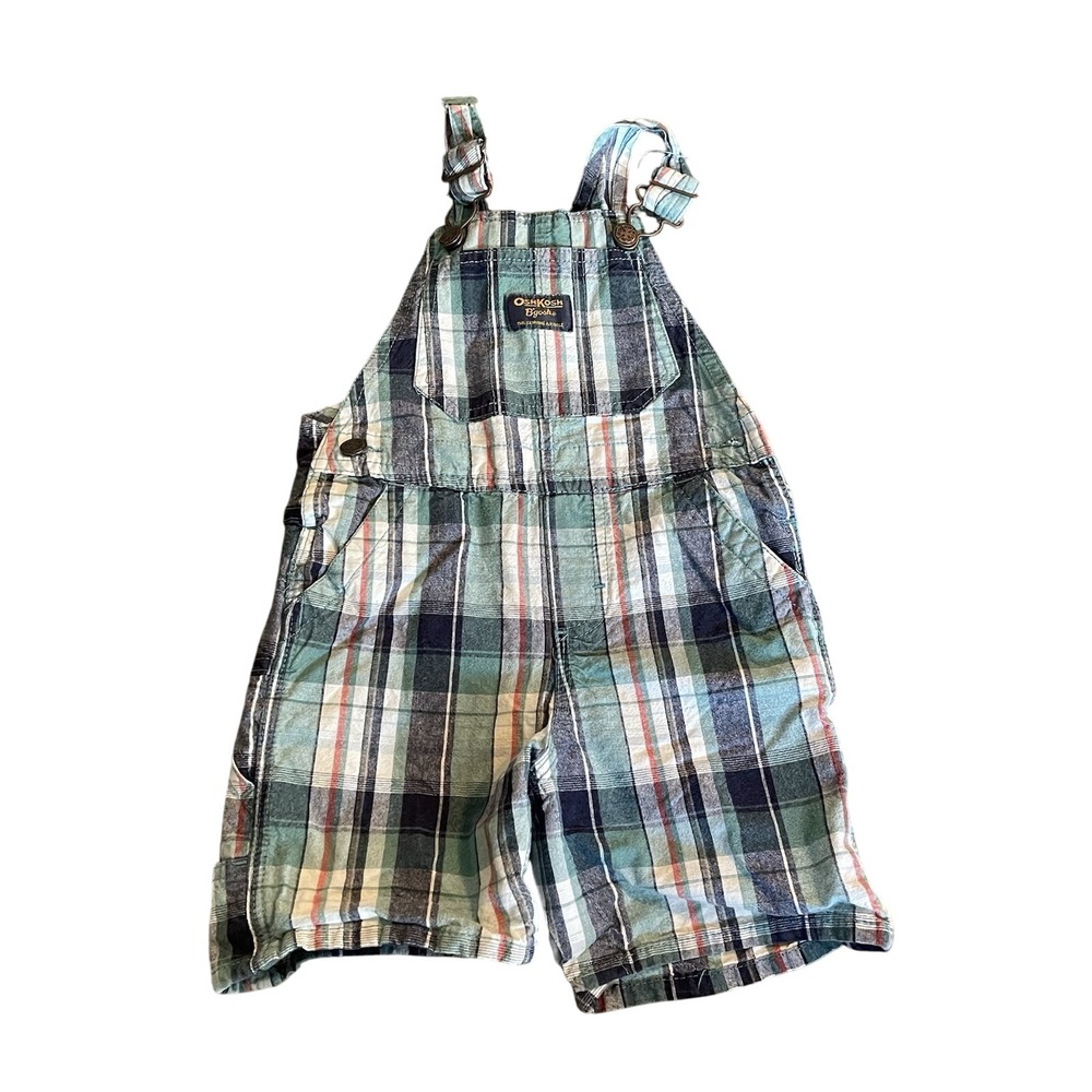 OshKosh Boys Overall Shorts Size 24m Baby Green Blue Plaid VestBak Cotton